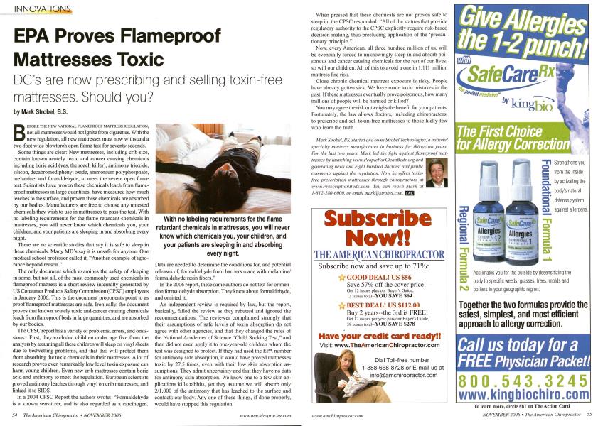 EPA Proves Flameproof Mattresses Toxic DC's are now prescribing and selling toxin-free mattresses. Should you?