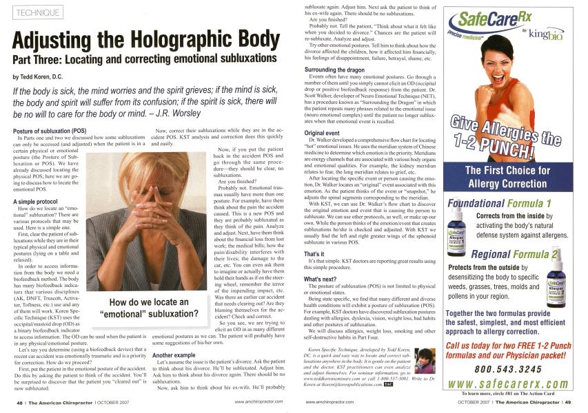 Adjusting the Holographic Body Part Three: Locating and correcting emotional subiuxations