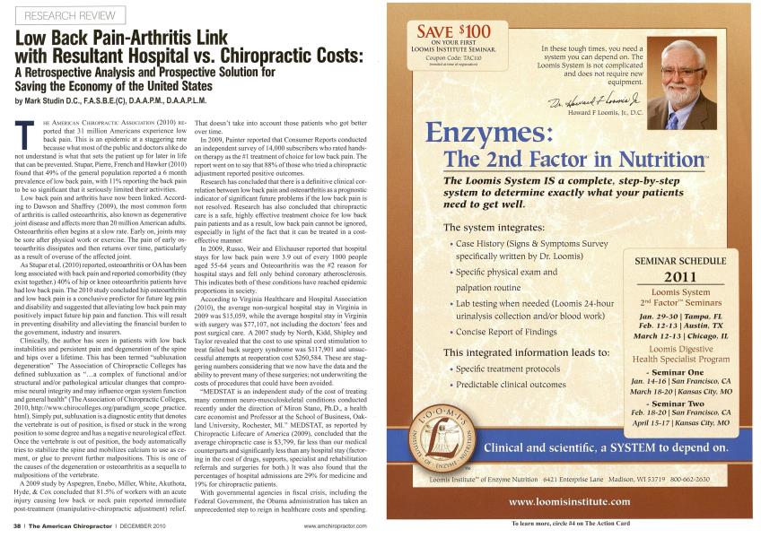 Low Back Pain-Arthritis Link with Resultant Hospital vs. Chiropractic Costs:
A Retrospective Analysis and Prospective Solution for Saving the Economy of the United States