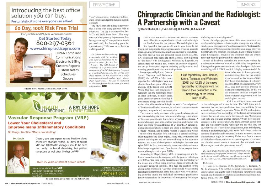 Chiropractic Clinician and the Radiologist: A Partnership with a Caveat