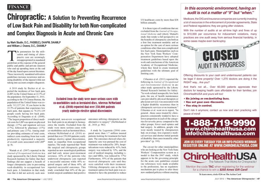 Chiropractic: A Solution to Preventing Recurrence of Low Back Pain and Disability for both Non-complicated and Complex Diagnosis in Acute and Chronic Care