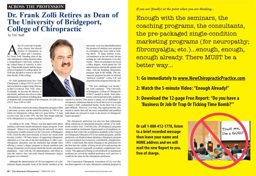 Dr. Frank Zolli Retires as Dean of The University of Bridgeport, College of Chiropractic