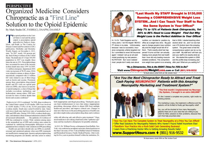Organized Medicine Considers Chiropractic as a "First Line" Solution to the Opioid Epidemic