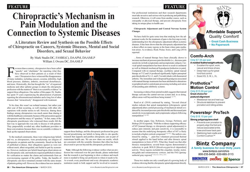 Chiropractic’s Mechanism in Pain Modulation and the Connection to Systemic Diseases