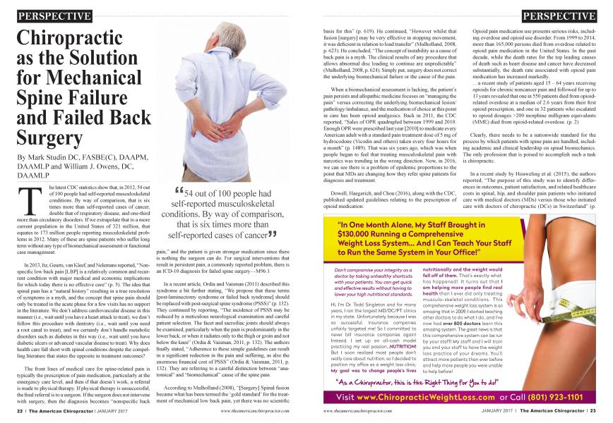 Chiropractic as the Solution for Mechanical Spine Failure and Failed Back Surgery