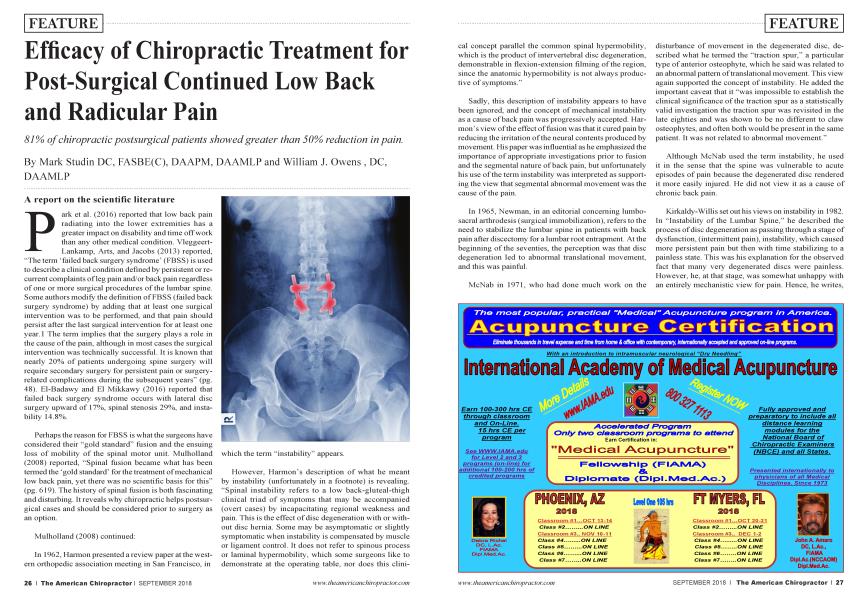 Efficacy of Chiropractic Treatment for Post-Surgical Continued Low Back and Radicular Pain