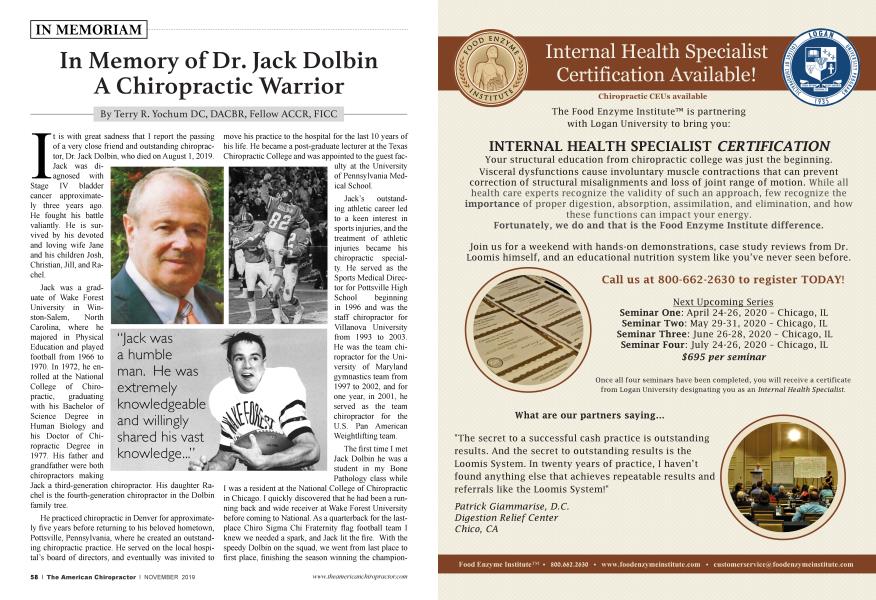 In Memory of Dr. Jack Dolbin A Chiropractic Warrior
