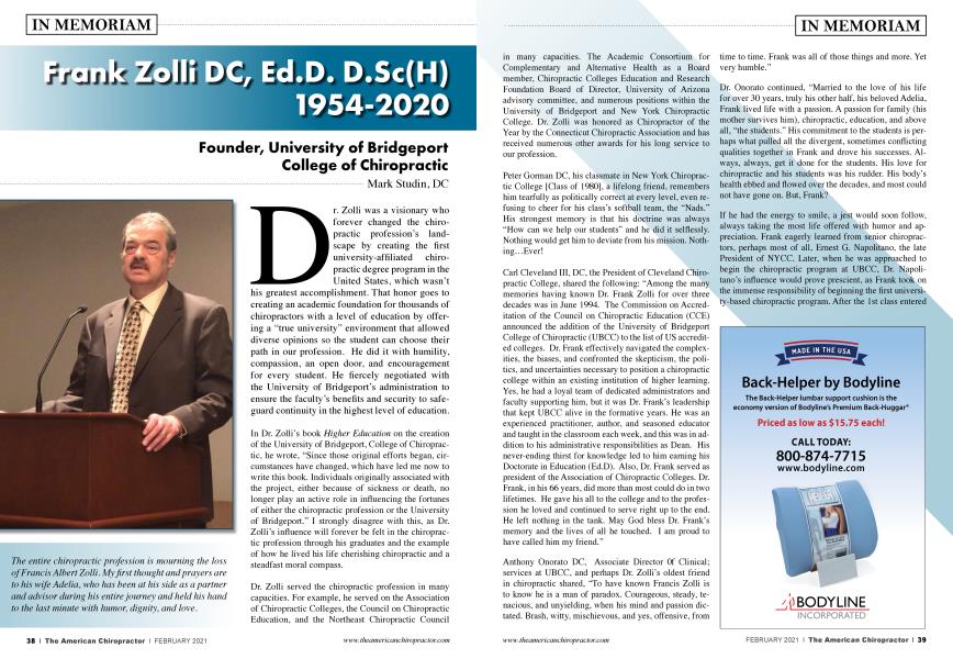 Frank Zolli DC, Ed.D. D.Sc(H) 1954-2020