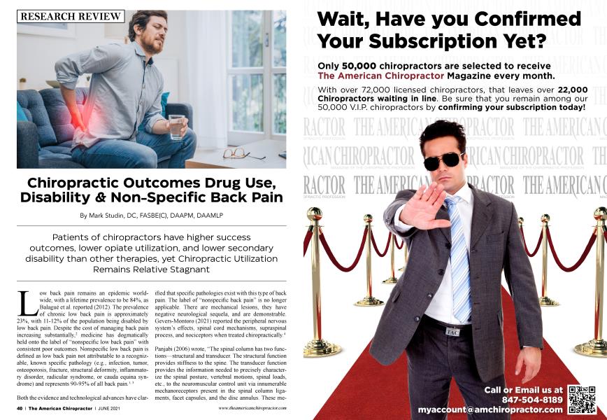 Chiropractic Outcomes Drug Use, Disability & Non-Specific Back Pain