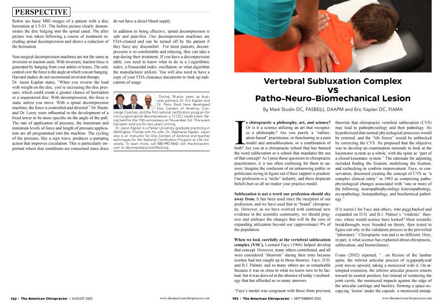 Vertebral Subluxation Complex vs Patho-Neuro-Biomechanical Lesion