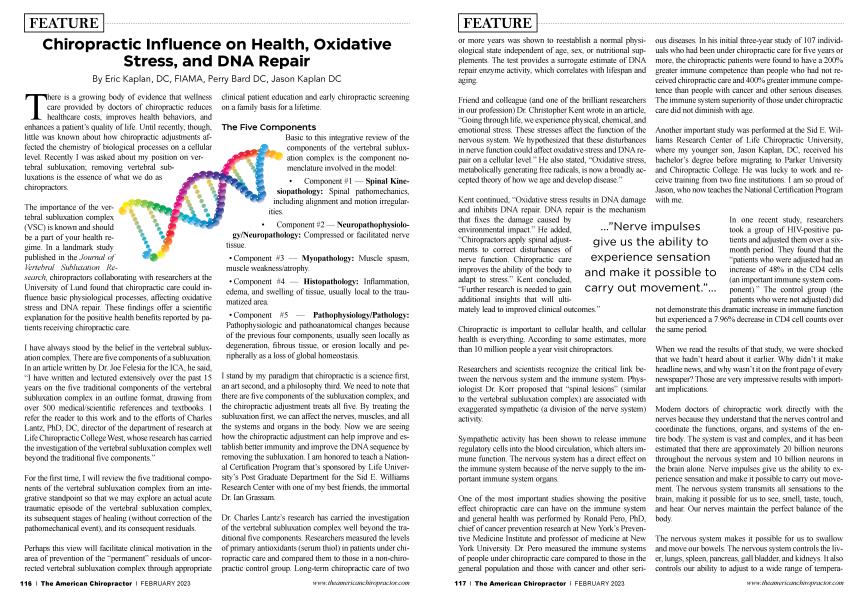 Chiropractic Influence on Health, Oxidative Stress, and DNA Repair