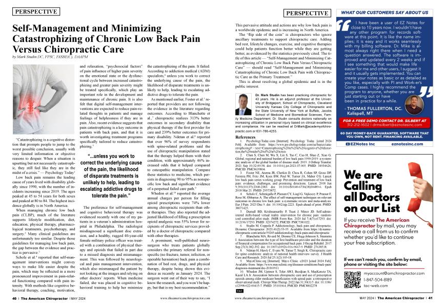 Self-Management and Minimizing Catastrophizing of Chronic Low Back Pain Versus Chiropractic Care